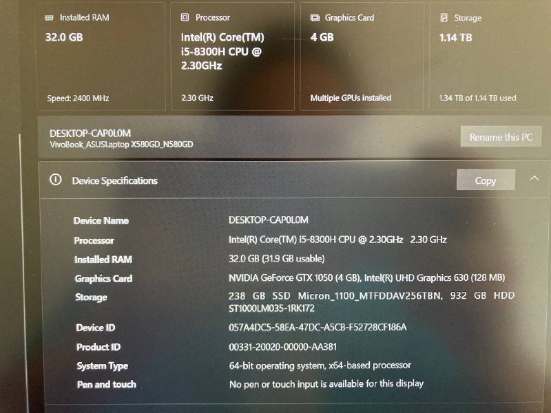 Asus Vivobook Pro 15 N580GD ноутбук Intel i5 32ГБ RAM 1.2ТБ SSD+HDD GTX 1050 6