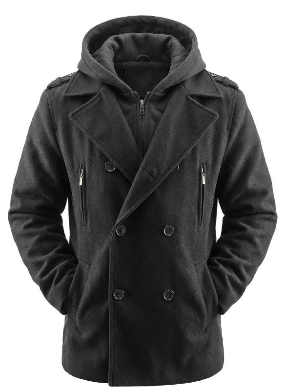 Чёрное теплое пальто с капюшоном