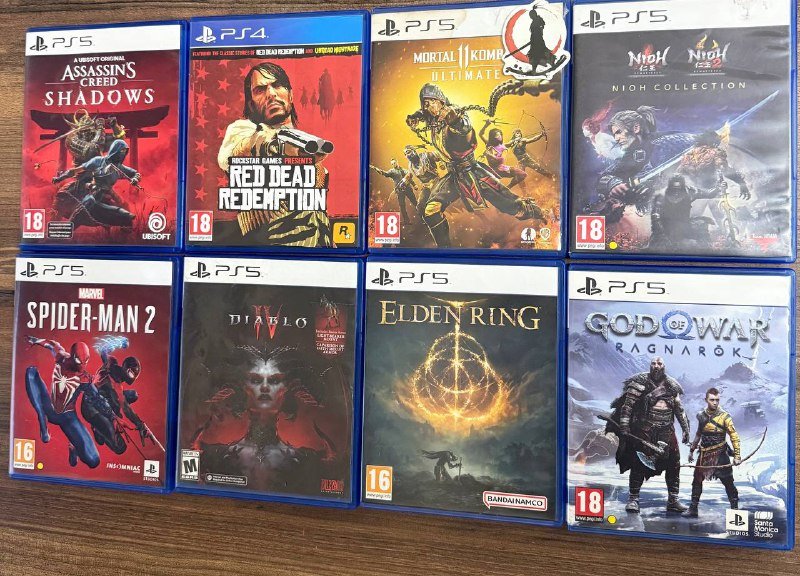 Diablo IV, Nioh collection, Spider man 2, God of war Ragnarok, Mortal combat 11, Red dead redemption, Elden ring, Assassins creed Shadows