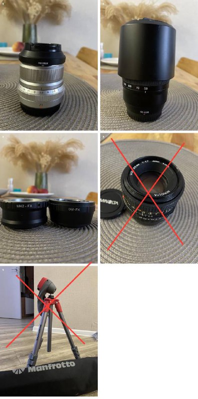 Fujinon 23 mm 2.0 объектив, Fujinon 50-230mm 4.5-6.7 объектив, переходники M42 и OM на Fuji