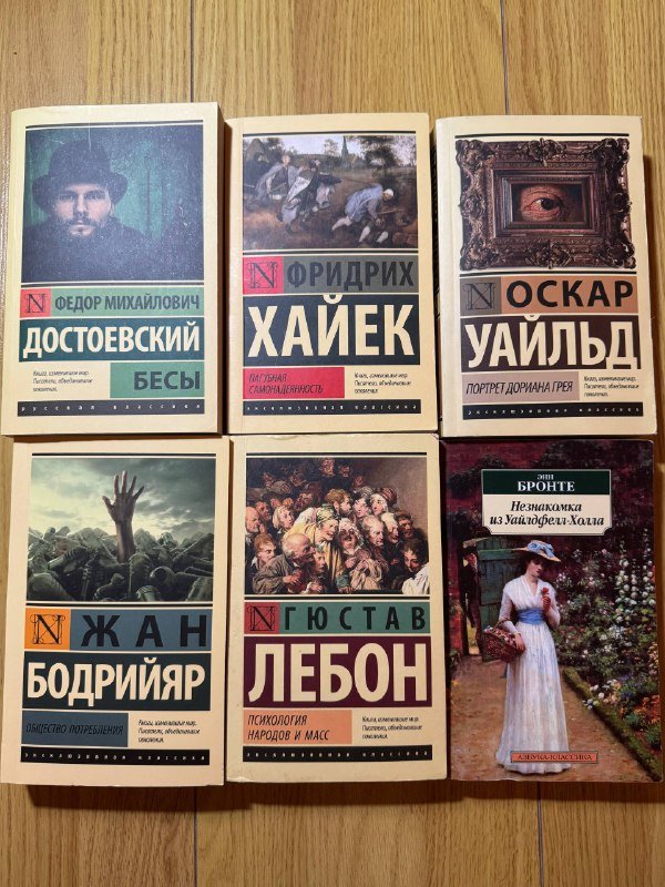 Книги Федор Достоевский, Фридрих Хайек, Оскар Уайльд, Жан Бодрийяр, Гюстав Лебон, Энн Бронте, Лаура Зильберштейн-Терч