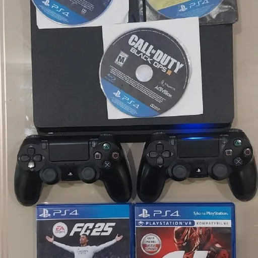 PS4 Slim 1TB, 2 геймпада, 5 игр