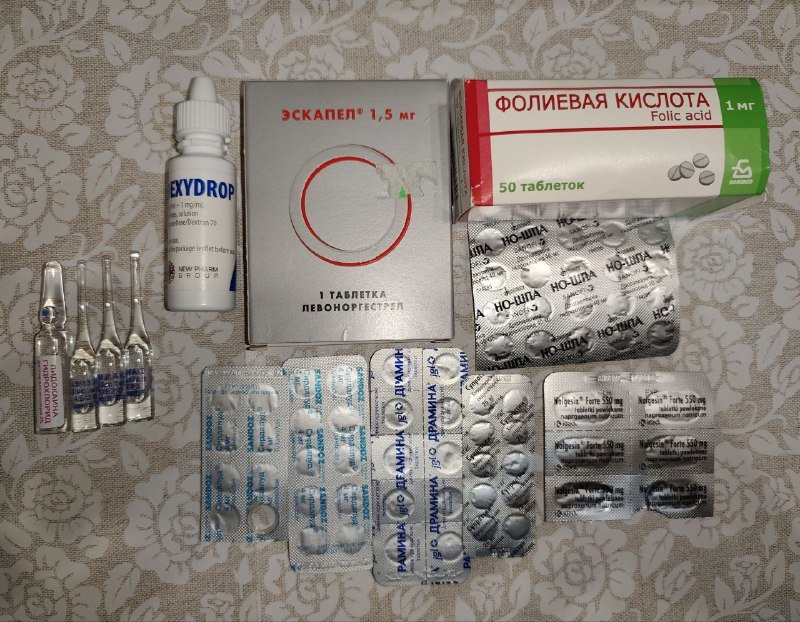 Медикаменты: Эскапел, Фолиевая кислота, Дексидроп, Но-шпа, Сирдалуд, Супрастин, Драмина, Налгезин форте, Лидокаин, Аммиак