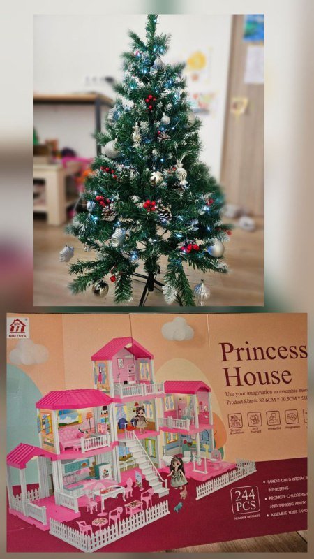 Елка 120см с игрушками и гирляндой, домик для кукол с мебелью