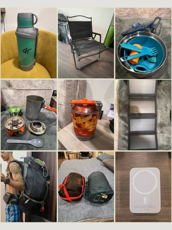 Походный рюкзак, спальники, складной стул, Jetboil, повербанк