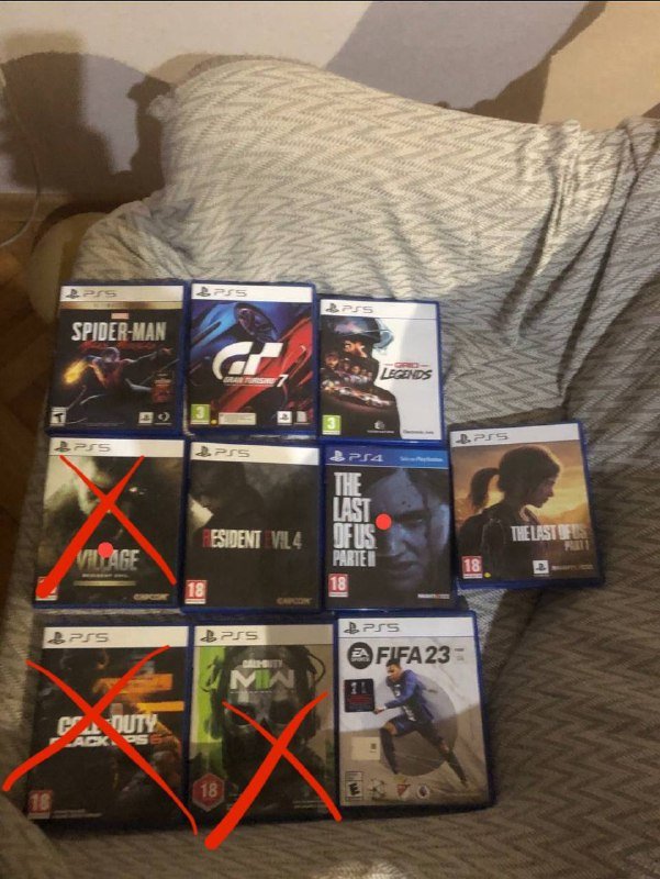 Gran turismo 7, The last of us part 1 и 2, Grid legend, Resident evil 4, Spider man miles morales, FIFA 23