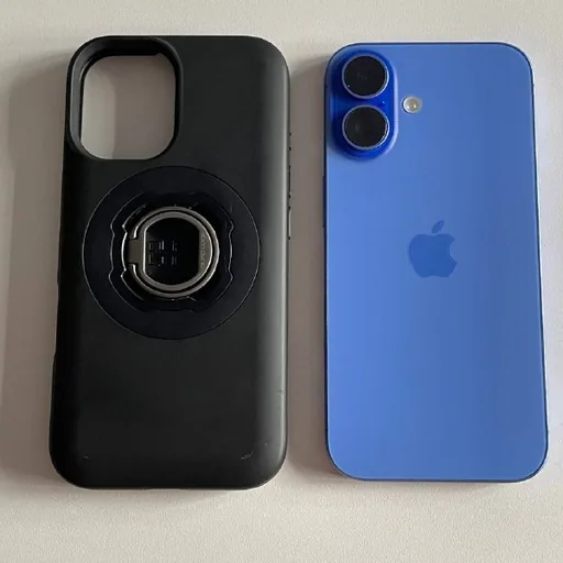 iPhone 16 blue with cable and case