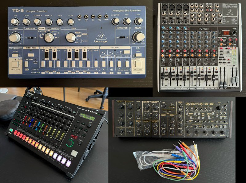 Синтезаторы Behringer, Roland TR-8S, Микшер, Акустика Klipsch, Сабвуфер 2