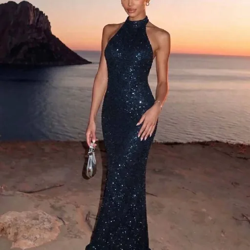 Sparkly backless dress, navy blue