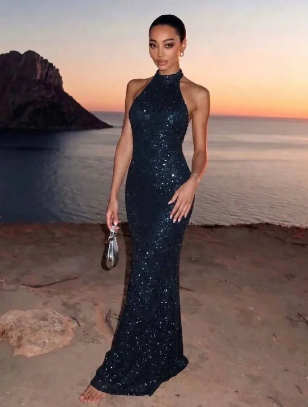 Sparkly backless dress, navy blue 1