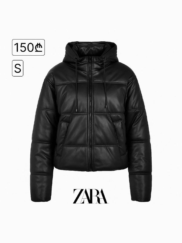 Чёрная куртка ZARA из эко-кожи с капюшоном 2