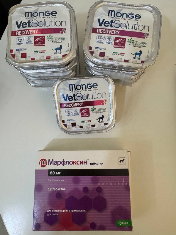 Корм Monge Recovery и Марфлоксин таблетки для животных