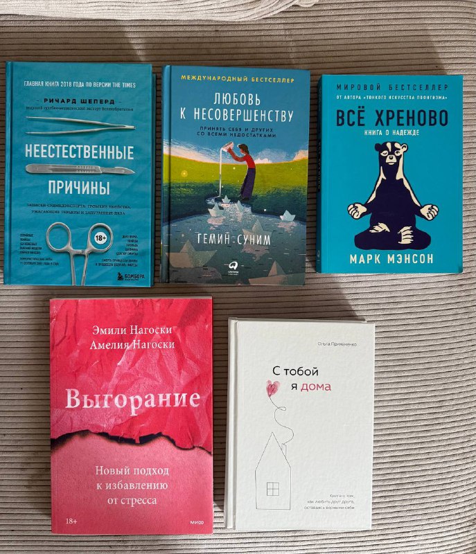Книги: Лето в пионерском лагере, О чем молчит ласточка, Трилогия Халед Хоссейни, Унесенные ветром, Неестественные причины, Любовь к несовершенству, Все хреново, Выгорание, С тобой я дома 4