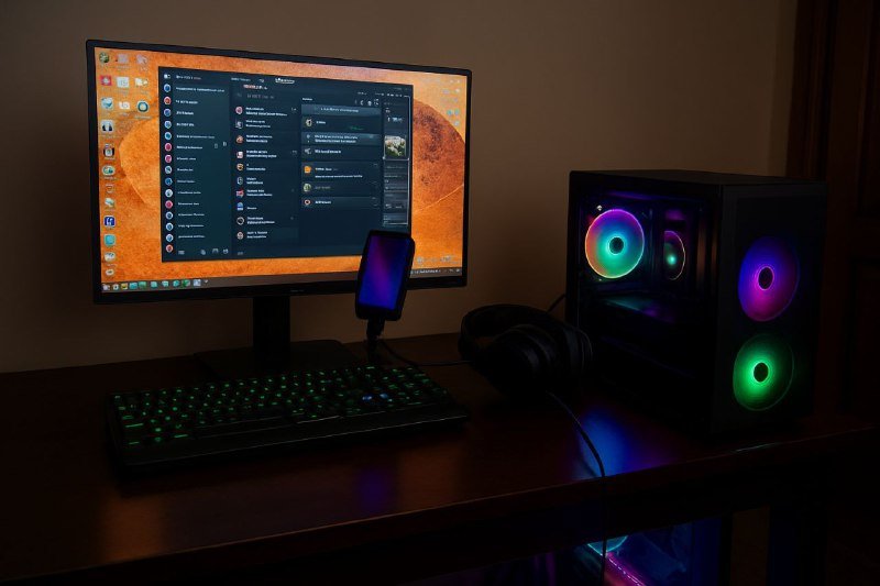 Gaming კომპიუტერი, მონიტორი, კლავიატურა, ყურსასმენები, მიკროფონი, მაუსპადი, მაუსი