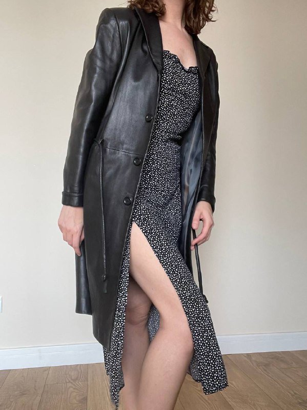 Винтажный кожаный плащ с поясом размер S 5