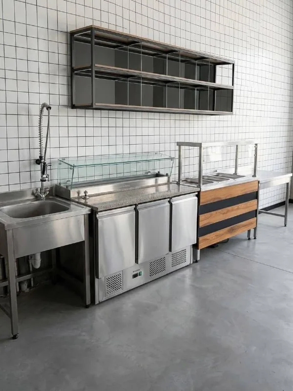 Kitchen equipment, refrigerators, display cases, tables, grill 1