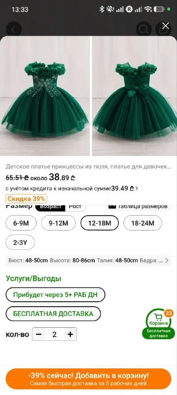 Новое зелёное детское платье 1
