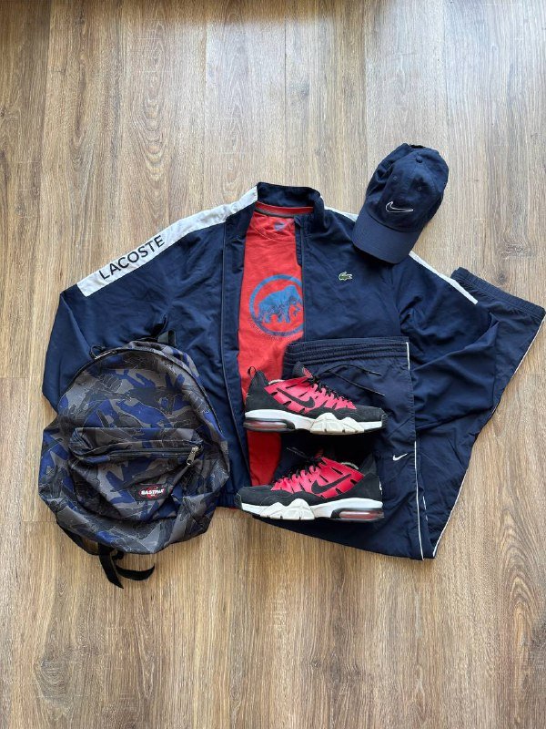Ветровка Lacoste, штаны Nike, кепка Nike, рюкзак Eastpak, кроссовки Nike Air Max 94