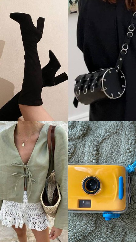 Сапоги, сумка, блузка, юбка, фотоаппарат