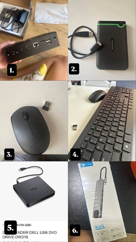 Mini PC, внешний HDD, мышь Logitech, клавиатура Dell, DVD-привод, USB-C Hub
