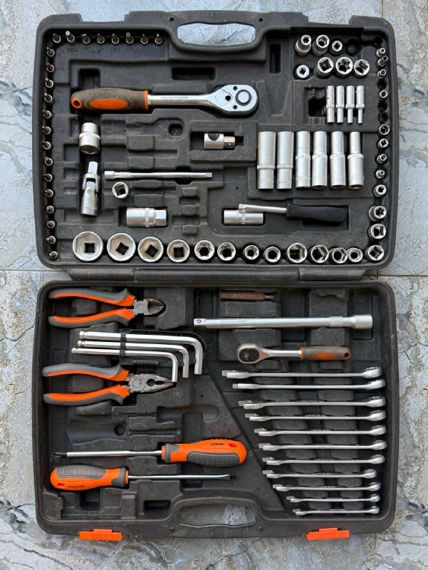 Полный набор инструментов: трещотка, головки, ключи, отвёртки, плоскогубцы, шестигранники 2