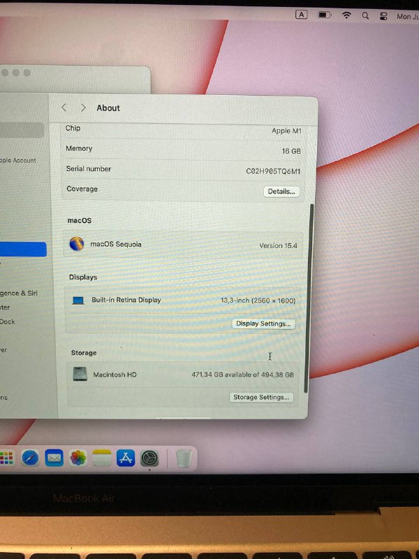 Macbook Air 2020 Rose Gold M1 16GB 512SSD 5