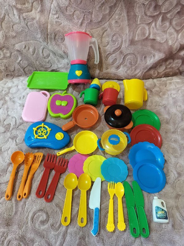 Игрушечный холодильник, овощи на липучке, овощи пластмассовые, набор посуды 6