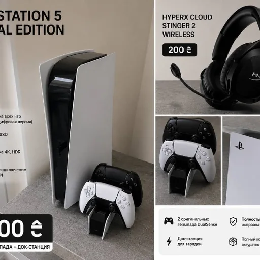 PlayStation 5, геймпады DualSense, док-станция, HyperX Cloud Stinger 2 Wireless