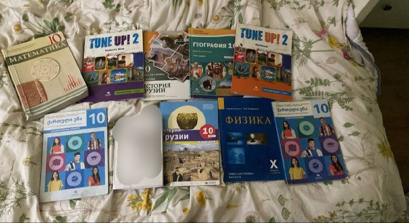 Учебники по английскому, грузинскому, истории, физике, математике, географии