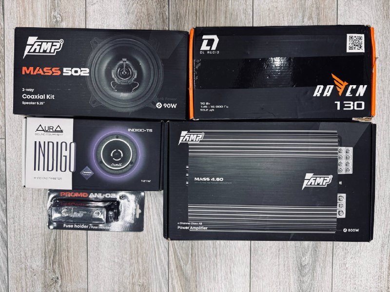 Автомобильные динамики AMP MASS 502, AMP MASS 4.60, DL AUDIO RAVEN 130V.2, твиттеры Aura INDIGO-T5, держатель AMP PROMO ANL-02 с предохранителем