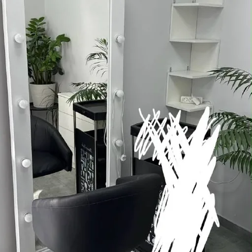 Beauty salon furniture, mirror, chair, shelves, dresser, lamp