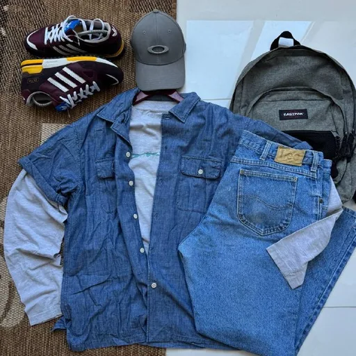 Oakley-ის გრძელმკლავიანი მაისური, JW Anderson x UniQlo-ს პერანგი, Lee-ს ჯინსები, Eastpak-ის ზურგჩანთა, Oakley-ის კეპი, Adidas Originals ZX 750-ის კედები