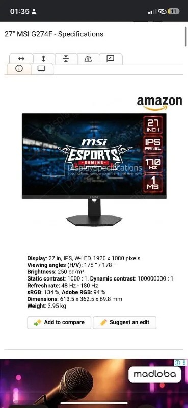 Игровой монитор MSI G274F 27" 1