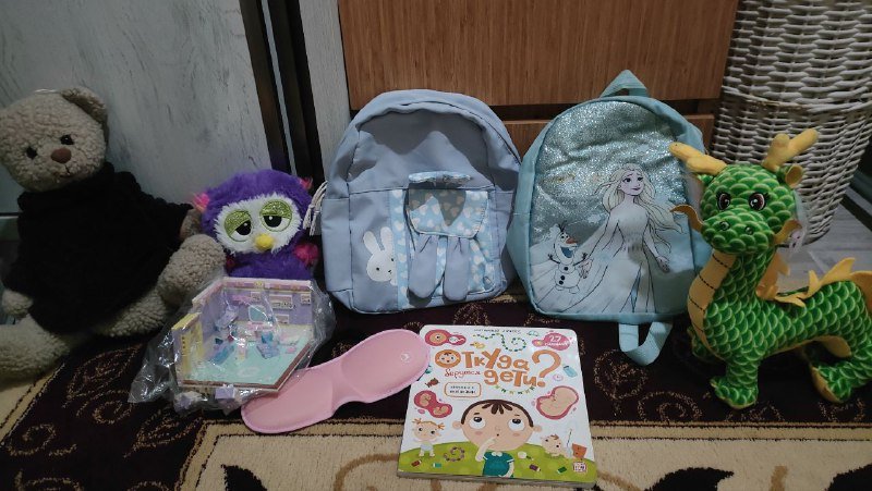 Две сумки, игрушки, книга, комната для девочки