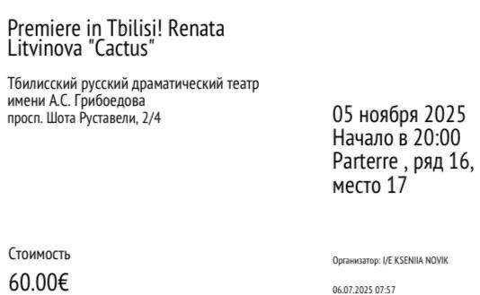 Билет на спектакль Cactus Ренаты Литвиновой 2