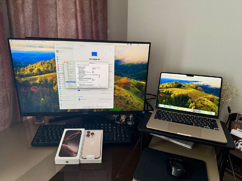 iPhone 16 pro, MacBook Air 13 M2, монитор Philips 27"