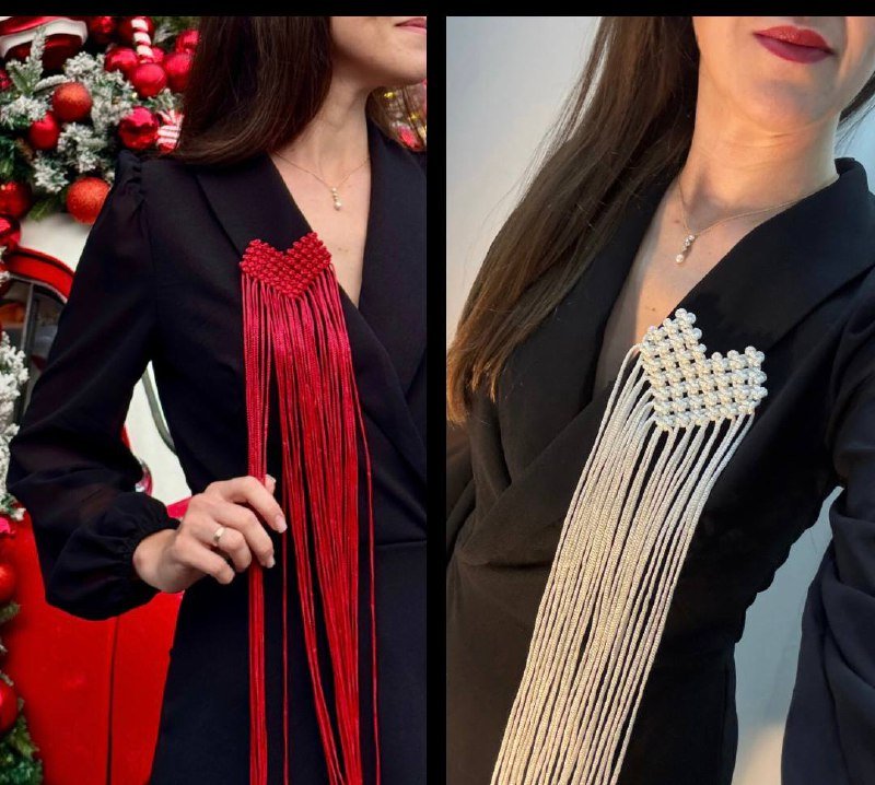 Брошь макраме с бахромой красная, белая