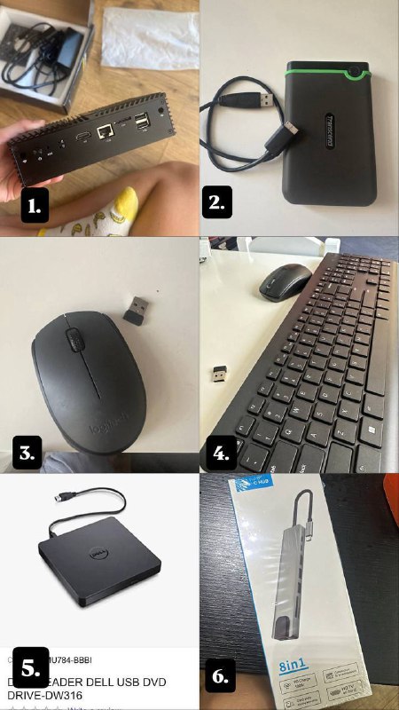 Mini PC, Внешний HDD Transcend 2TB, Беспроводная мышь Logitech M170, Комплект Dell клавиатура и мышь, Внешний DVD-привод Dell DW316, USB-C Hub 8-в-1