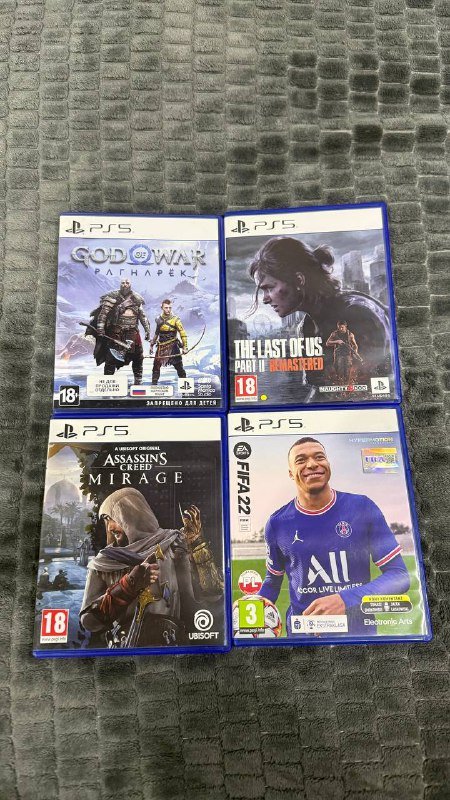 Диски на PlayStation 5 GoW Ragnarok, The Last of Us 2, AC Mirage, FiFa 22
