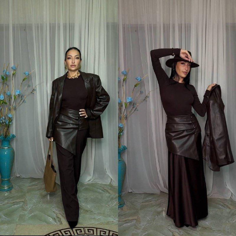 Кожаный пиджак, водолазка-боди, атласная юбка, брюки