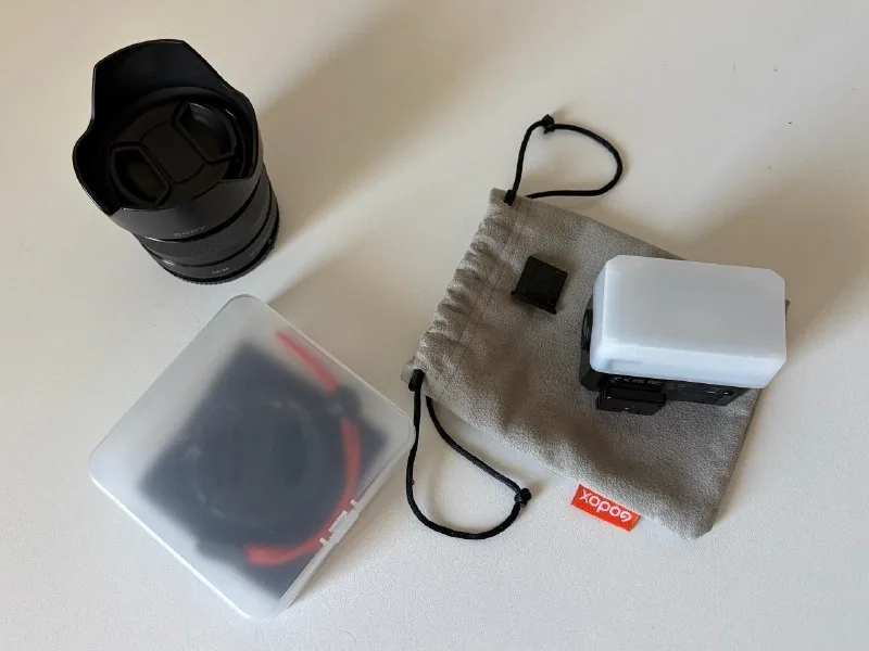 Sony E 35mm Lens, Godox Flash, K&F Variable ND Filter 1