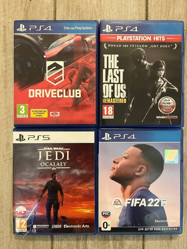 4 диска игр PS4 и PS5: Driveclub, The Last of Us, Jedi, FIFA 22