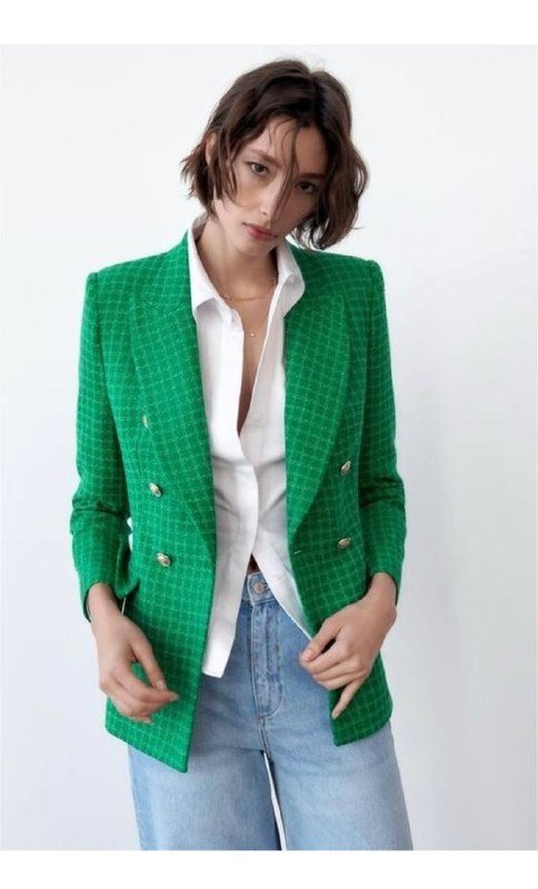 Двухбортный пиджак Zara зеленый в клетку с золотыми пуговицами 1