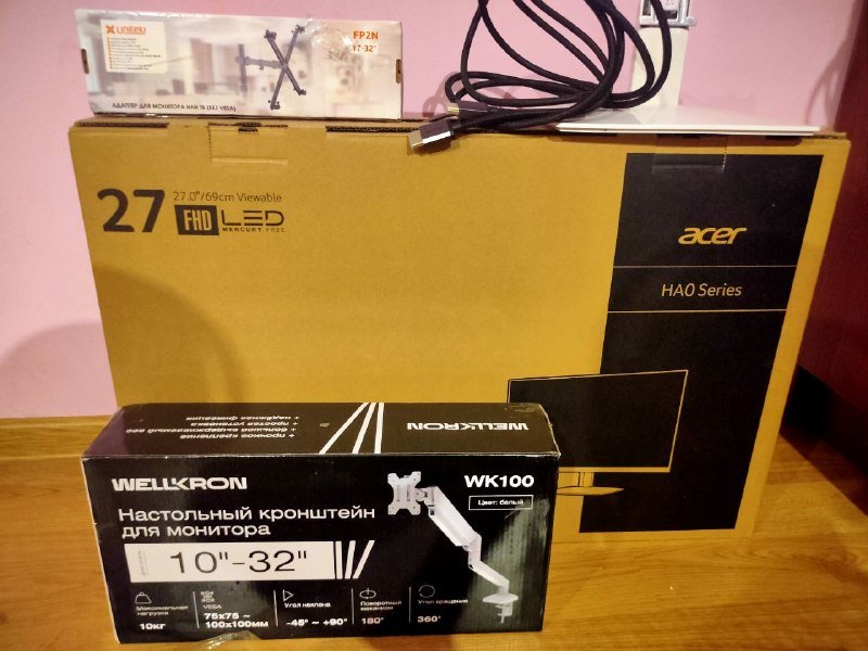 монитор Acer HA0 Series 27 дюймов, кронштейны Wellkron WK100, Unitek FP2N