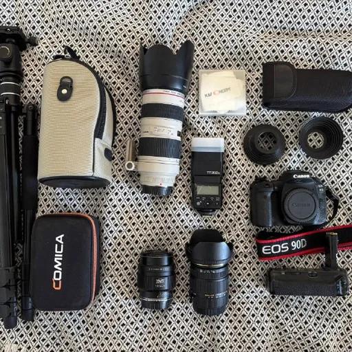 Canon 90D camera, lenses, flash, tripod, microphone