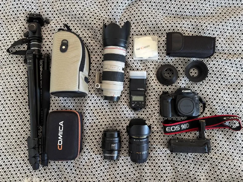 Canon 90D camera, lenses, flash, tripod, microphone