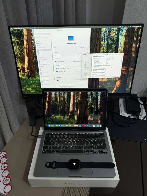 MacBook, монитор Philips, часы Apple Watch