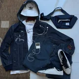 Джинсовая куртка Evisu, футболка Karl Kani, джинсы Levi’s, панамка Adidas, бананка Herschel, кеды Carhartt и Converse 1