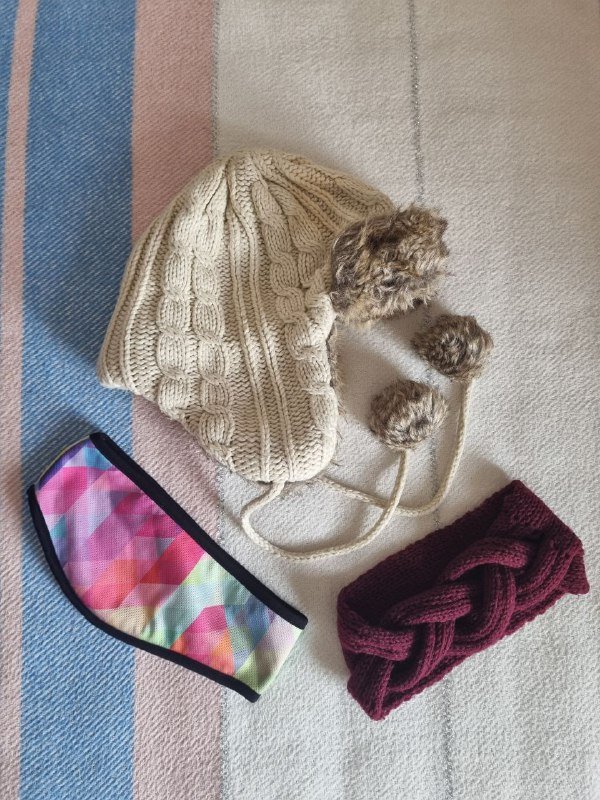Теплая шапка-ушанка, бордовая повязка, разноцветная повязка