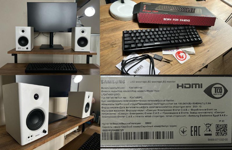 монитор Samsung F24T450FQ, аудио мониторы EDIFIER, механическая клавиатура Shogo 78W, столик с регулируемой высотой, гантели-штанга, стул-шезлонг 4